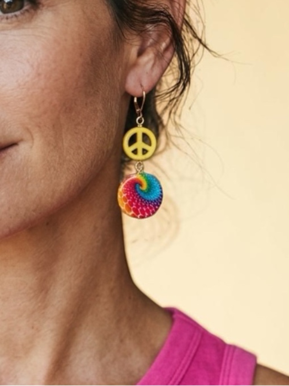 HAND CRAFTED RAINBOW TIE DYE PEACE SIGN EARRINGS - Boho Retro Dangle Pride